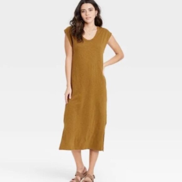 Universal Thread Casual Tee-Shirt Midi Dress Sz S Mustard Yellow/Brown #347H - Picture 1 of 9